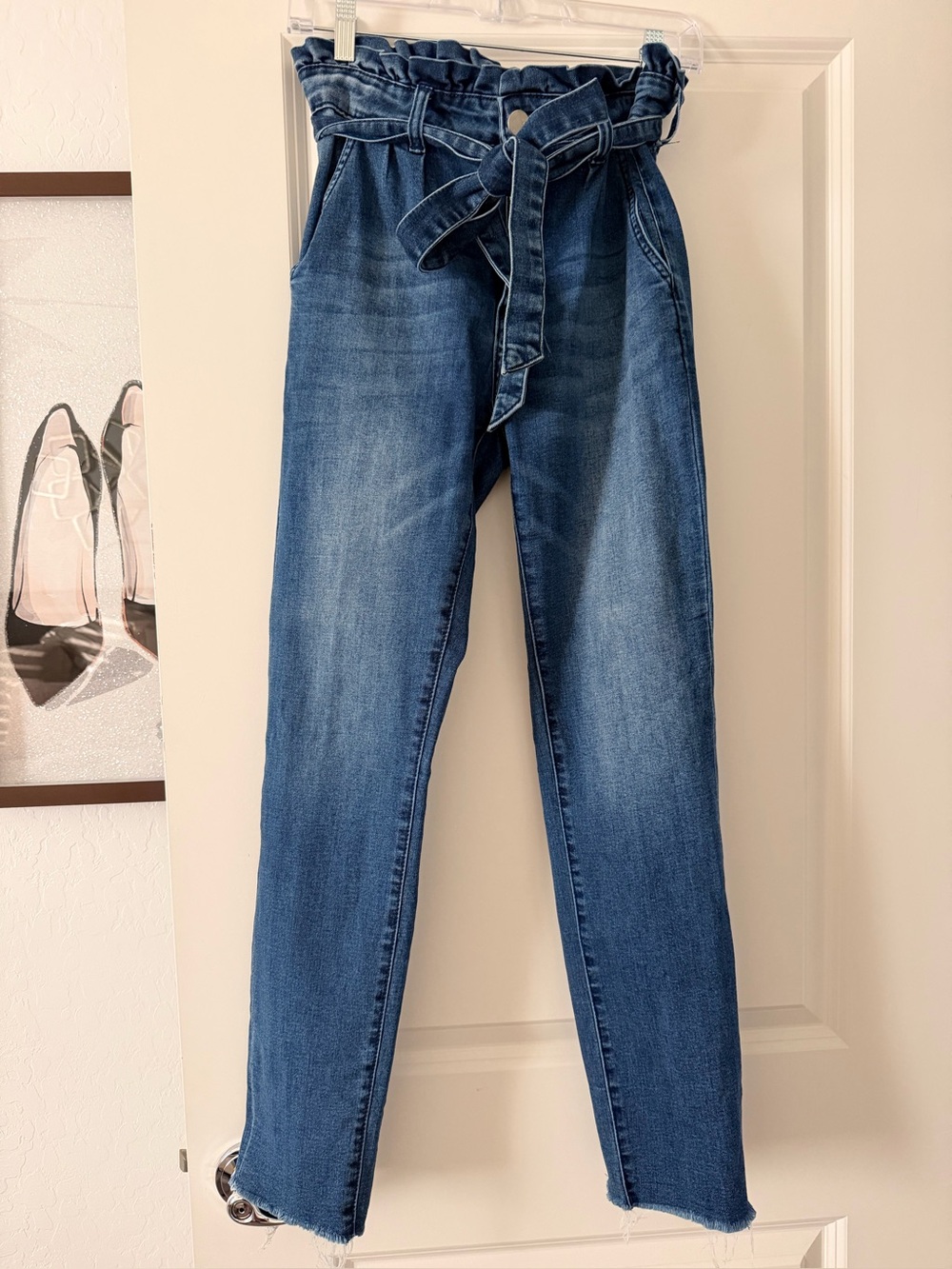 High-Rise Paperbag Waist Blue Jeans with Tie Belt